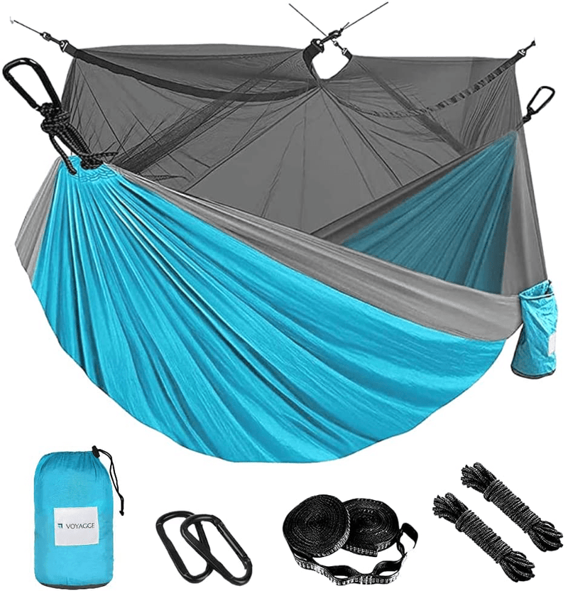 VOYAGGE Polyester Hammock Swing with Mosquito Net, Double Brazilian Style Hammock, 2-Person Outdoor and Indoor Use (Gray and Orange) Sporting Goods > Outdoor Recreation > Camping & Hiking > Tent Accessories VOYAGGE Grey & Blue  