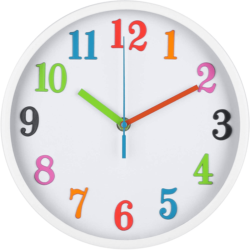 VREAONE Colorful Kids Wall Clock 10 Inch Silent Non Ticking Quality Quartz Battery Operated Wall Clocks, Easy to Read 3D Multi Colored Numbers Nursery Classroom Office Kitchen, White Frame Home & Garden > Decor > Clocks > Wall Clocks VREAONE   