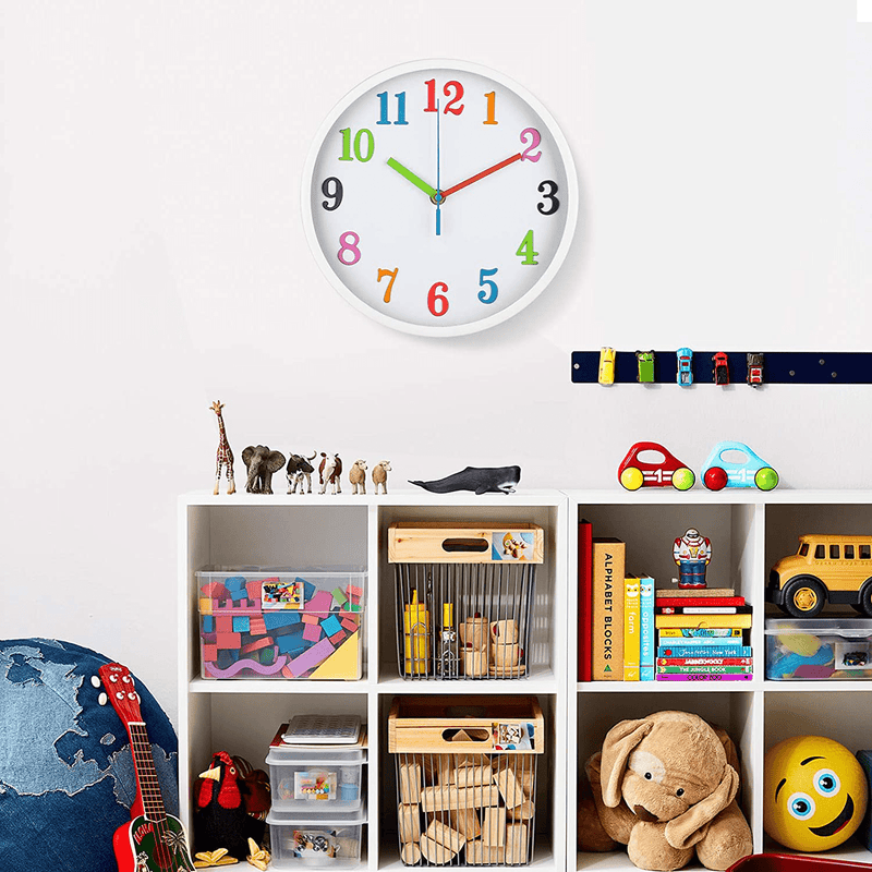 VREAONE Colorful Kids Wall Clock 10 Inch Silent Non Ticking Quality Quartz Battery Operated Wall Clocks, Easy to Read 3D Multi Colored Numbers Nursery Classroom Office Kitchen, White Frame Home & Garden > Decor > Clocks > Wall Clocks VREAONE   