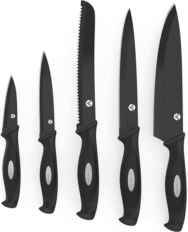 Vremi 10 Piece Black Knife Set - 5 Kitchen Knives with 5 Knife Sheath Covers - Chef Knife Sets with Carving Serrated Utility Chef'S and Paring Knives - Magnetic Knife Set with Matching Black Case Home & Garden > Kitchen & Dining > Kitchen Tools & Utensils > Kitchen Knives Vremi   