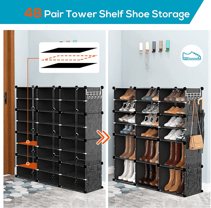 VTRIN Portable Shoe Rack Organizer 48 Pair Tower 4 Tiers Shoe Rack for Entryway Shelf Storage Cabinet Stand for Heels Boots Slippers Cabinet Narrow Standing Stackable Space Saver Shoe Rack Black