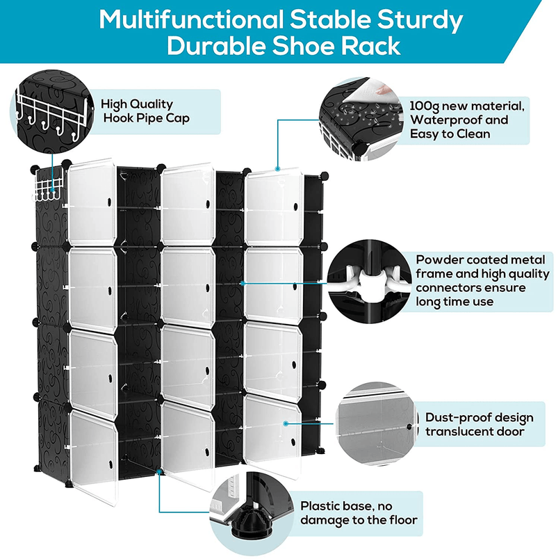 VTRIN Portable Shoe Rack Organizer 48 Pair Tower 4 Tiers Shoe Rack for Entryway Shelf Storage Cabinet Stand for Heels Boots Slippers Cabinet Narrow Standing Stackable Space Saver Shoe Rack Black Furniture > Cabinets & Storage > Armoires & Wardrobes VTRIN   