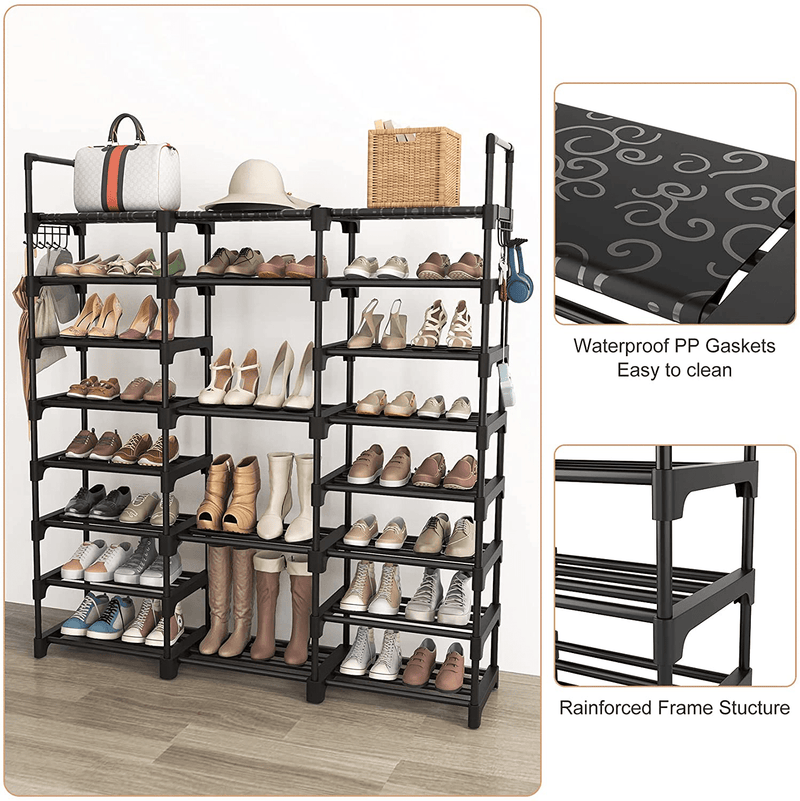 VTRIN Shoe Rack Shoe Organizer 8 Tiers Shoe Rack for Entryway Holds 36-42 Pairs Shoe and Boots Shelf Organizer Storage Organizer Durable Metal with Versatile Hooks Wooden Hammer for Bedroom Black Furniture > Cabinets & Storage > Armoires & Wardrobes VTRIN   