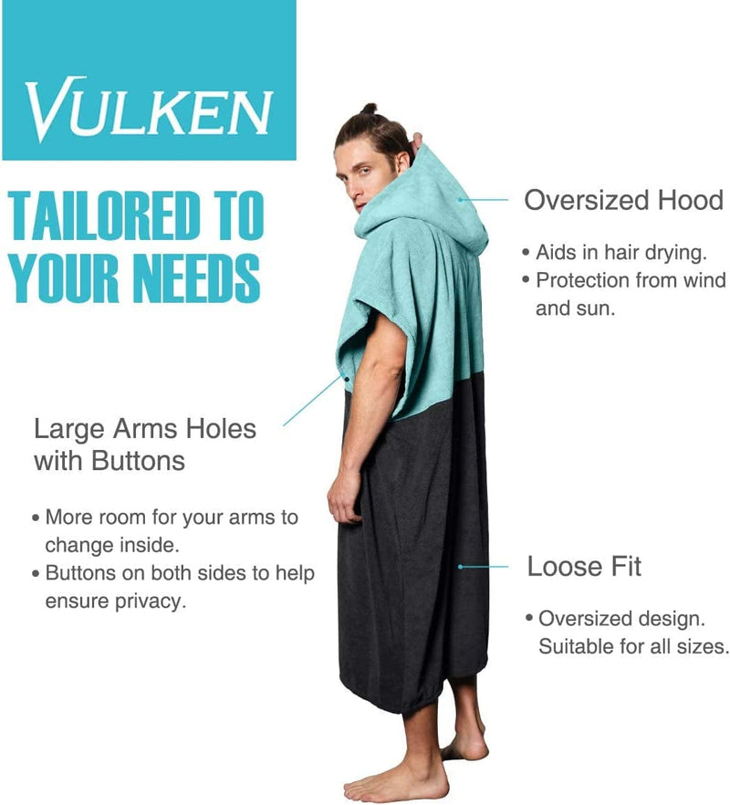 Vulken Extra Large Teal Blue Thick Hooded Beach Towel Changing Robe. Surf Poncho Men for Easy Change in Public. Quick Dry Microfiber Towelling for the Beach, Pool, Lake, Water Park. L/XL