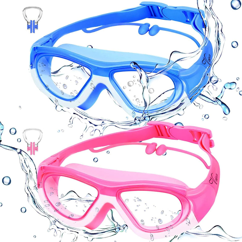 Vvinca Kids Swim Goggles for Kids 3-12, 2022 Upgraded Design with Ear&Nose Plug, Wide View Anit-Fog No Leak Water Pool Goggle Sporting Goods > Outdoor Recreation > Boating & Water Sports > Swimming > Swim Goggles & Masks Vvinca 2 Packs Blue & Pink  