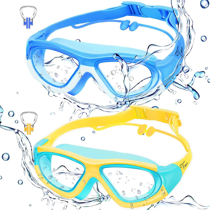 Vvinca Kids Swim Goggles for Kids 3-12, 2022 Upgraded Design with Ear&Nose Plug, Wide View Anit-Fog No Leak Water Pool Goggle Sporting Goods > Outdoor Recreation > Boating & Water Sports > Swimming > Swim Goggles & Masks Vvinca 2 Packs Blue & Yellow  