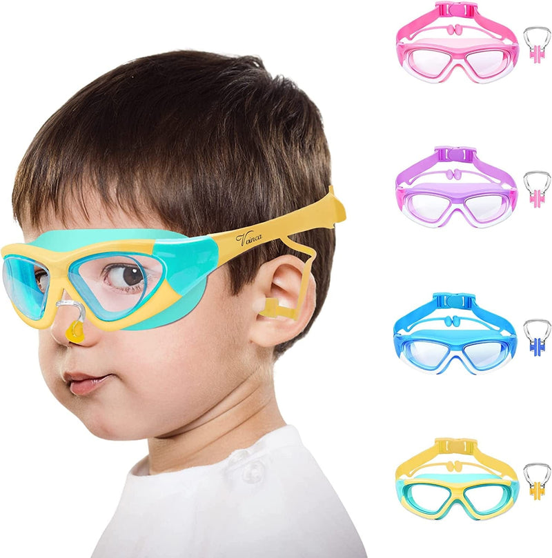 Vvinca Kids Swim Goggles for Kids 3-12, 2022 Upgraded Design with Ear&Nose Plug, Wide View Anit-Fog No Leak Water Pool Goggle Sporting Goods > Outdoor Recreation > Boating & Water Sports > Swimming > Swim Goggles & Masks Vvinca 1 Pack Yellow  