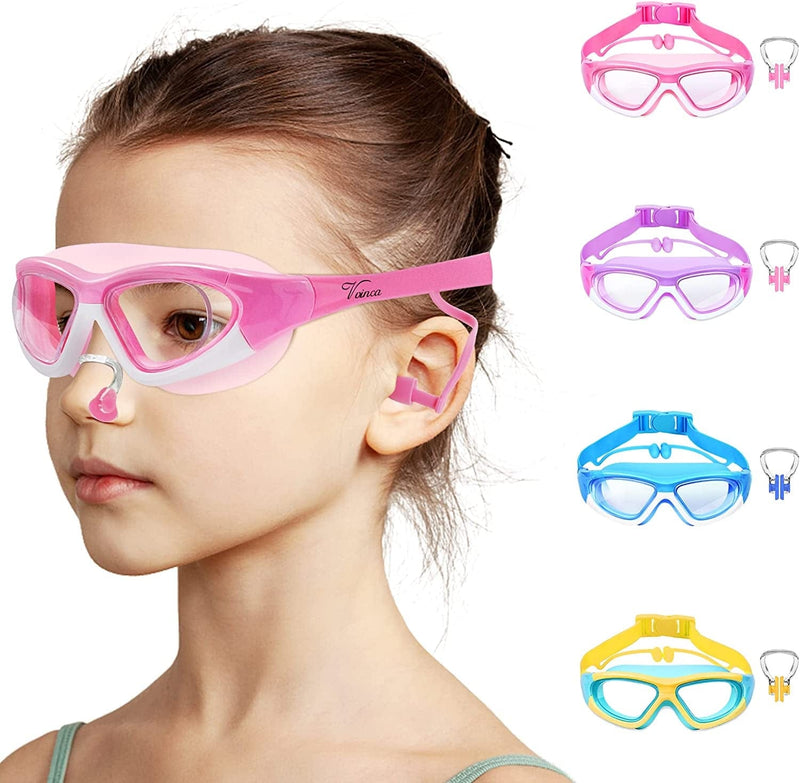 Vvinca Kids Swim Goggles for Kids 3-12, 2022 Upgraded Design with Ear&Nose Plug, Wide View Anit-Fog No Leak Water Pool Goggle Sporting Goods > Outdoor Recreation > Boating & Water Sports > Swimming > Swim Goggles & Masks Vvinca 1 Pack Pink  