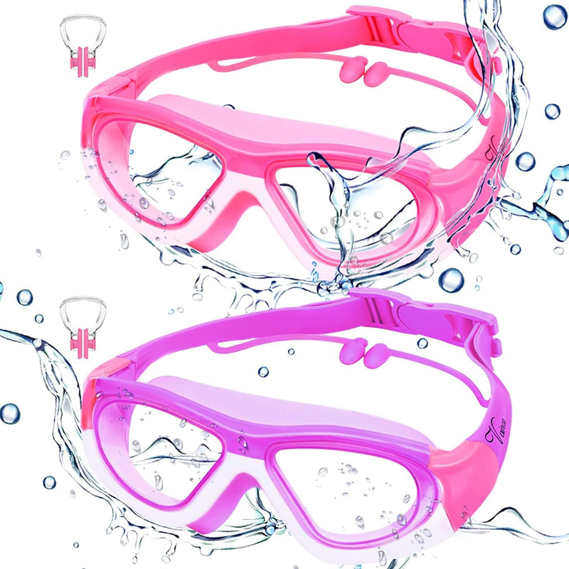 Vvinca Kids Swim Goggles for Kids 3-12, 2022 Upgraded Design with Ear&Nose Plug, Wide View Anit-Fog No Leak Water Pool Goggle Sporting Goods > Outdoor Recreation > Boating & Water Sports > Swimming > Swim Goggles & Masks Vvinca 2 Packs Pink & Purple  