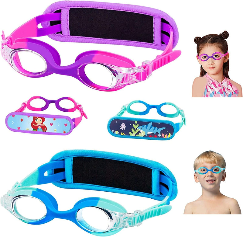 Vvinca Kids Swim Goggles with Fabric Strap No Tangle Pain-Free, Anti-Fog Swimming Pool Goggle No Leak for Toddlers Girls Boys Sporting Goods > Outdoor Recreation > Boating & Water Sports > Swimming > Swim Goggles & Masks Vvinca L-2 Packs Bright Pink & Light Green  