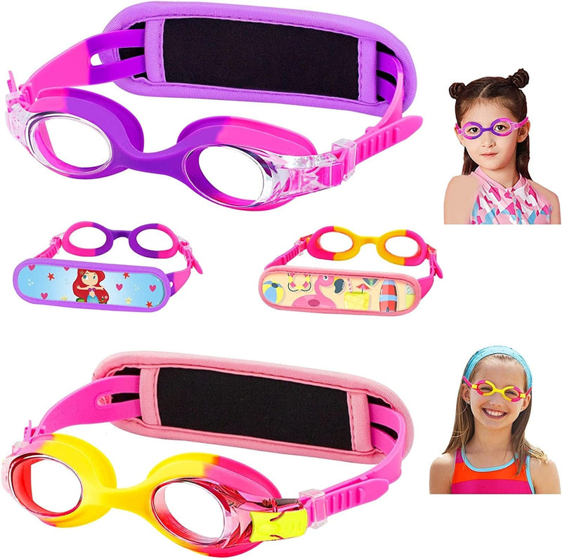 Vvinca Kids Swim Goggles with Fabric Strap No Tangle Pain-Free, Anti-Fog Swimming Pool Goggle No Leak for Toddlers Girls Boys Sporting Goods > Outdoor Recreation > Boating & Water Sports > Swimming > Swim Goggles & Masks Vvinca M-2 Packs Bright Pink & Pink Yellow  