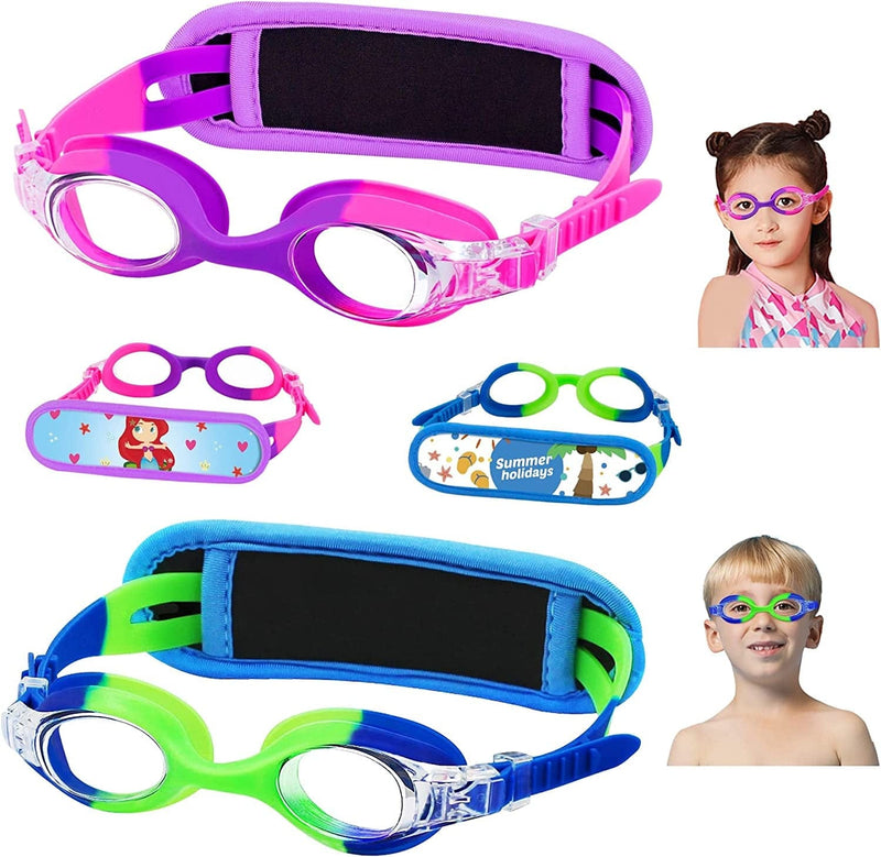 Vvinca Kids Swim Goggles with Fabric Strap No Tangle Pain-Free, Anti-Fog Swimming Pool Goggle No Leak for Toddlers Girls Boys Sporting Goods > Outdoor Recreation > Boating & Water Sports > Swimming > Swim Goggles & Masks Vvinca K-2 Packs Bright Pink & Blue Green  