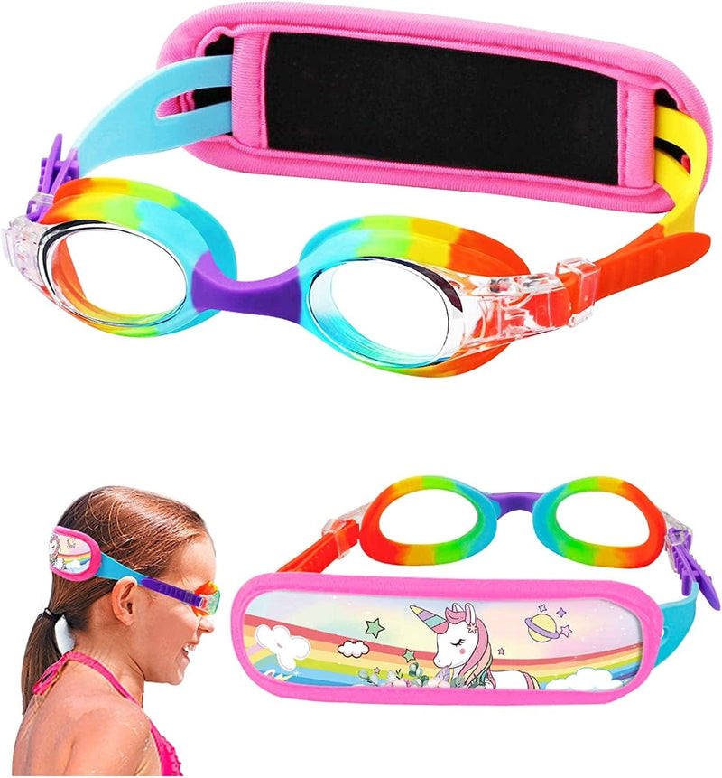 Vvinca Kids Swim Goggles with Fabric Strap No Tangle Pain-Free, Anti-Fog Swimming Pool Goggle No Leak for Toddlers Girls Boys Sporting Goods > Outdoor Recreation > Boating & Water Sports > Swimming > Swim Goggles & Masks Vvinca D-1 Pack Rainbow  