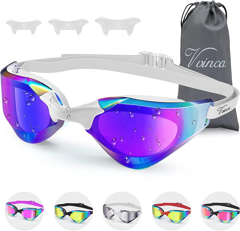 Vvinca Swim Goggles, Mirrored Swimming Glasses Full Protection Pool Goggle for Adult Women Men Youth, Anti-Fog No Leaking Sporting Goods > Outdoor Recreation > Boating & Water Sports > Swimming > Swim Goggles & Masks Vvinca White  