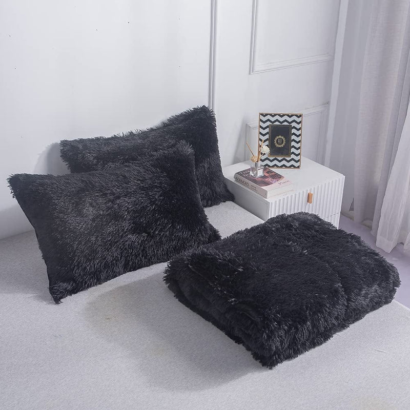 Wajade Faux Fur Plush Black Comforter Set Fluffy Fuzzy Shaggy Bedding Set - 3PC Full/Queen Microfiber Soft Warm Quilt Set Home & Garden > Linens & Bedding > Bedding > Quilts & Comforters Wajade   