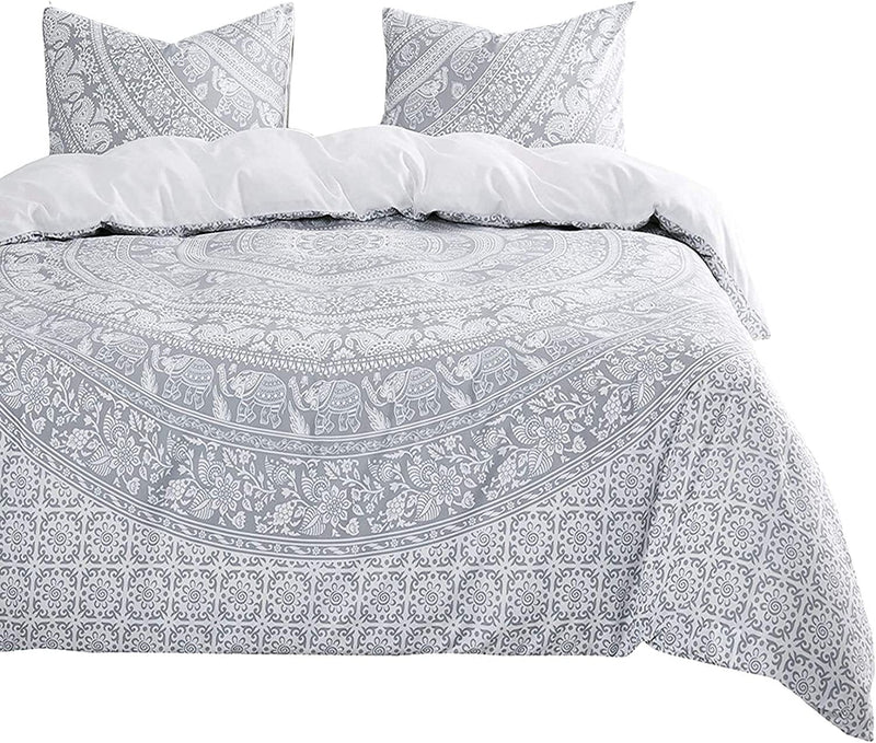 Wake in Cloud - Bohemian Comforter Set, Gray Grey Boho Chic Mandala Indian Medallion Floral Printed on White, Soft Microfiber Bedding (3Pcs, Queen Size)