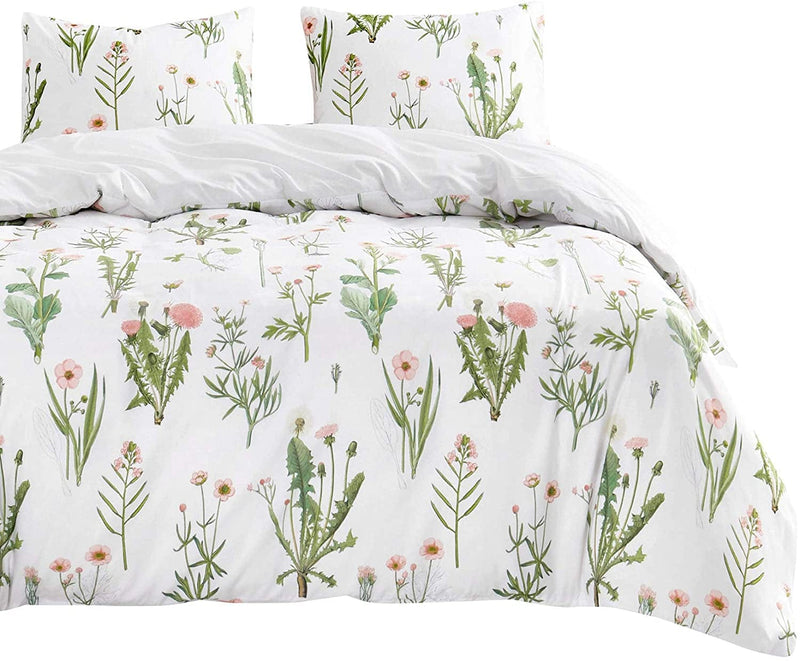 Wake in Cloud - Botanical Comforter Set, Cottagecore Pink Dandelion Flowers and Green Leaves Floral Garden Pattern Printed on White, Soft Microfiber Bedding (3Pcs, Twin Size) Home & Garden > Linens & Bedding > Bedding > Quilts & Comforters Wake In Cloud Twin  