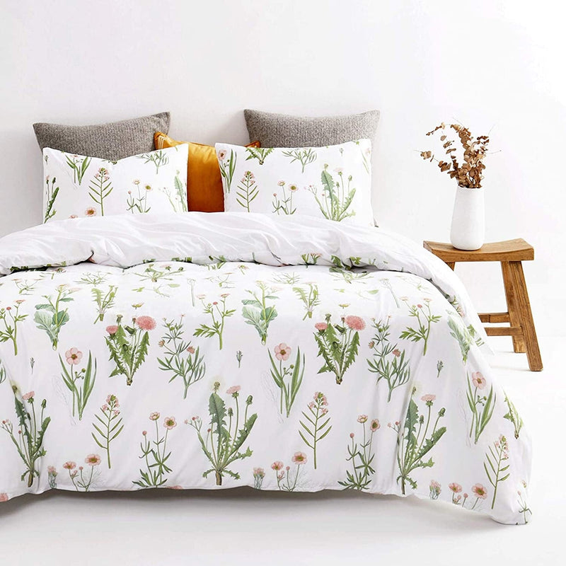 Wake in Cloud - Botanical Comforter Set, Cottagecore Pink Dandelion Flowers and Green Leaves Floral Garden Pattern Printed on White, Soft Microfiber Bedding (3Pcs, Twin Size)