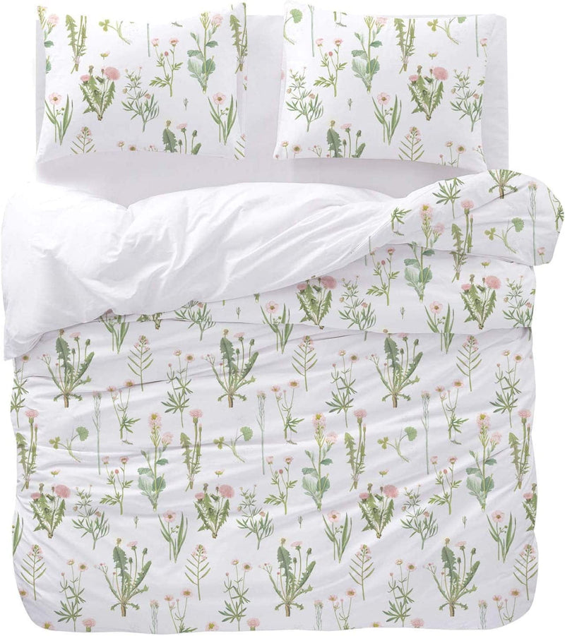 Wake in Cloud - Botanical Comforter Set, Cottagecore Pink Dandelion Flowers and Green Leaves Floral Garden Pattern Printed on White, Soft Microfiber Bedding (3Pcs, Twin Size)