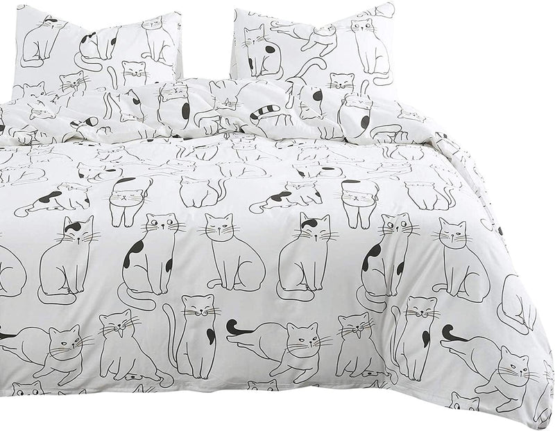 Wake in Cloud - Cats Comforter Set, 100% Cotton Fabric with Soft Microfiber Fill Bedding, White with Cats Drawing Pattern Printed (3Pcs, Queen Size)