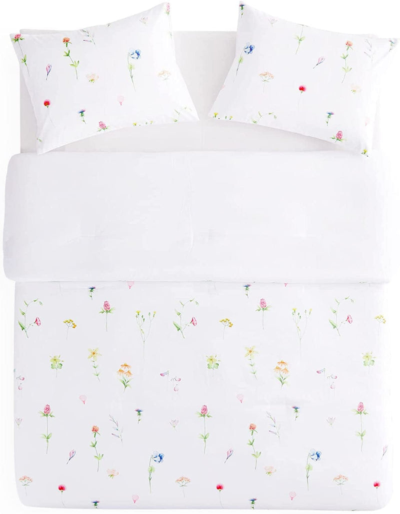 Wake in Cloud - Floral Comforter Set, Cottagecore Tiny Flowers Leaves Botanical Plant Pattern Printed on White, Soft Microfiber Bedding (3Pcs, Queen Size) Home & Garden > Linens & Bedding > Bedding > Quilts & Comforters Wake In Cloud   