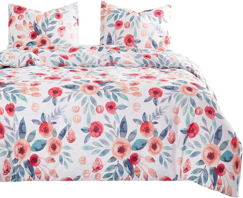 Wake in Cloud - Floral Comforter Set, Flowers Leaves Botanical Plant Pattern Printed on White, Soft Microfiber Bedding (3Pcs, Twin Size) Home & Garden > Linens & Bedding > Bedding Wake In Cloud Queen  