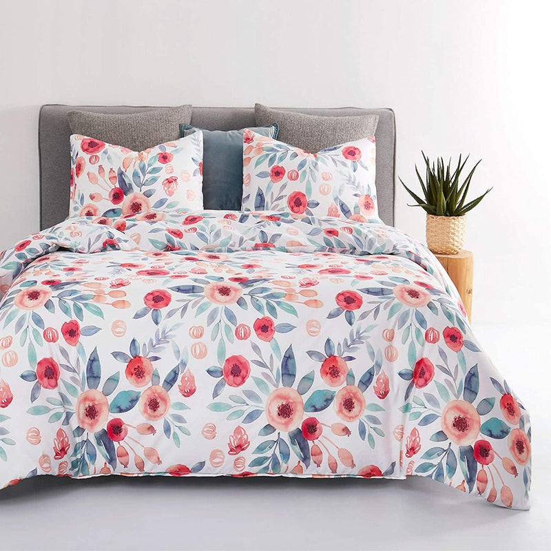 Wake in Cloud - Floral Comforter Set, Flowers Leaves Botanical Plant Pattern Printed on White, Soft Microfiber Bedding (3Pcs, Twin Size) Home & Garden > Linens & Bedding > Bedding Wake In Cloud   