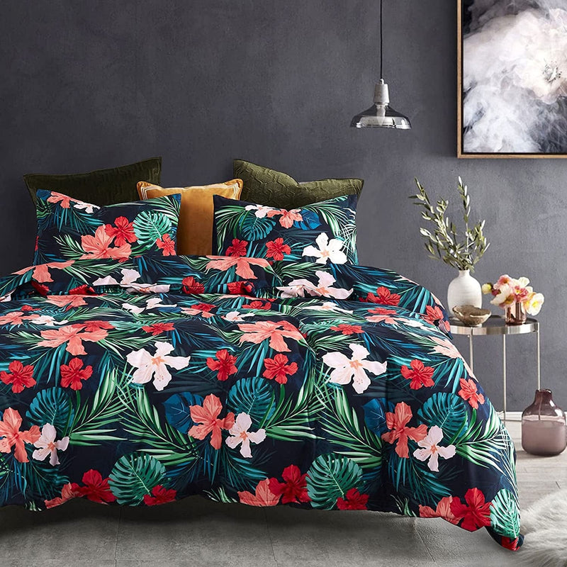 Wake in Cloud - Floral Comforter Set, Tropical Flowers Tree Leaves Pattern Printed, Soft Microfiber Bedding (3Pcs, King Size)