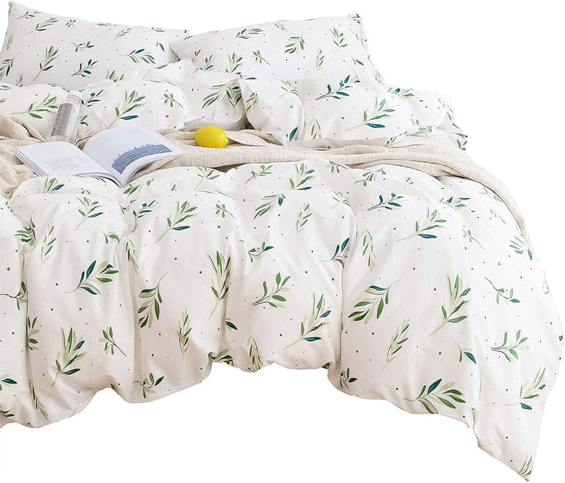 Wake in Cloud - Tree Leaves Comforter Set, 100% Cotton Fabric with Soft Microfiber Fill Bedding, Cottagecore Green Botanical Plant Leaves Dots Pattern Printed on White (3Pcs, King Size) Home & Garden > Linens & Bedding > Bedding > Quilts & Comforters Wake In Cloud Twin  