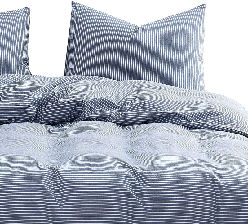 Wake in Cloud - Washed Cotton Duvet Cover Set, White Striped Ticking Pattern Printed on Denim Blue, 100% Cotton Bedding, with Zipper Closure (3Pcs, Queen Size)