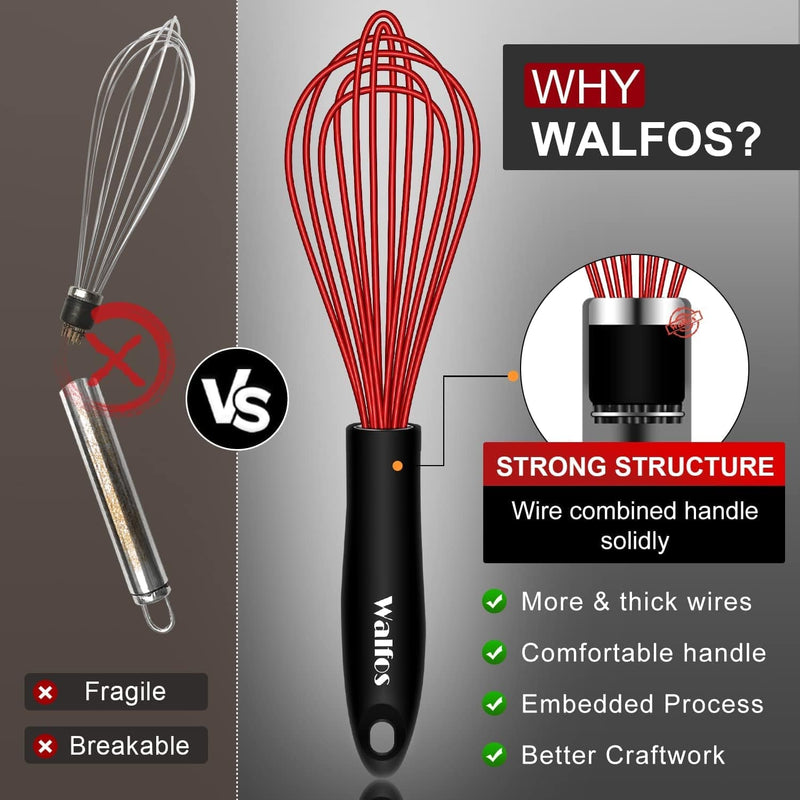 Walfos Silicone Balloon Whisk, Heat Resistant Non Scratch Coated Kitchen Whisks for Cooking Nonstick Cookware, Balloon Egg Wisk Perfect for Blending, Baking, Beating, Set of 3 ,Red,Blue,Green Home & Garden > Kitchen & Dining > Kitchen Tools & Utensils Walfos   
