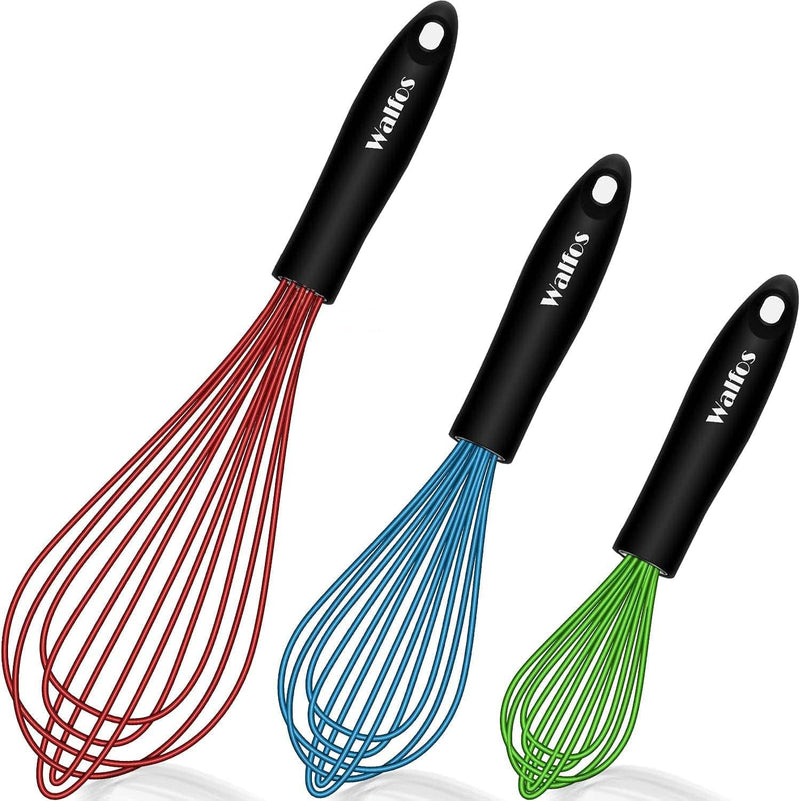 Walfos Silicone Balloon Whisk, Heat Resistant Non Scratch Coated Kitchen Whisks for Cooking Nonstick Cookware, Balloon Egg Wisk Perfect for Blending, Baking, Beating, Set of 3 ,Red,Blue,Green Home & Garden > Kitchen & Dining > Kitchen Tools & Utensils Walfos 3Pcs Balloon Whisk 8.5"+10"+11" 