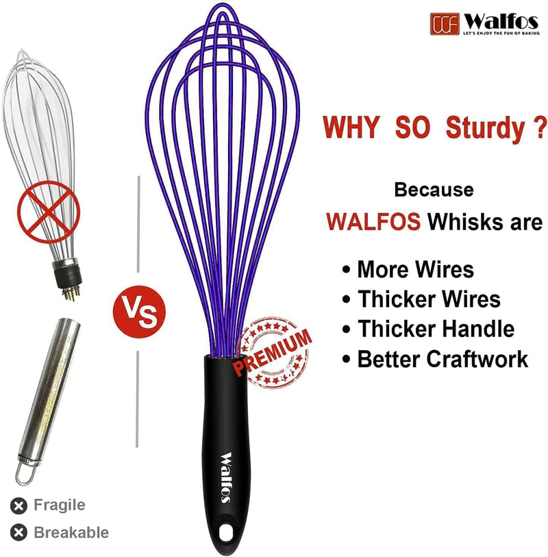 Walfos Silicone Whisk, Non Scatch Rubber Coated Whisk for Cooking & Baking- Set of 3-Heat Resistant Kitchen Whisks for Non-Stick Cookware, Balloon Egg Wisk Perfect for Blending, Beating, Frothing Home & Garden > Kitchen & Dining > Kitchen Tools & Utensils Walfos   