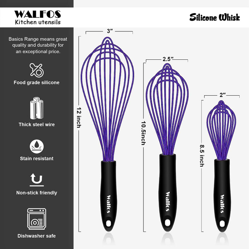 Walfos Silicone Whisk, Non Scatch Rubber Coated Whisk for Cooking & Baking- Set of 3-Heat Resistant Kitchen Whisks for Non-Stick Cookware, Balloon Egg Wisk Perfect for Blending, Beating, Frothing Home & Garden > Kitchen & Dining > Kitchen Tools & Utensils Walfos   