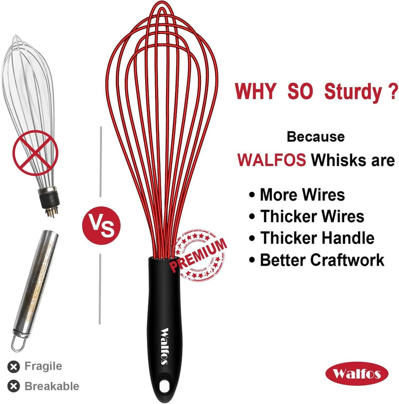 Walfos Silicone Whisk, Non Scratch Coated Whisks- Heat Resistant Kitchen Whisks for Cooking Non Stick Cookware, Balloon Egg Beater Perfect for Blending, Whisking, Beating, Set of 3 Home & Garden > Kitchen & Dining > Kitchen Tools & Utensils Walfos   