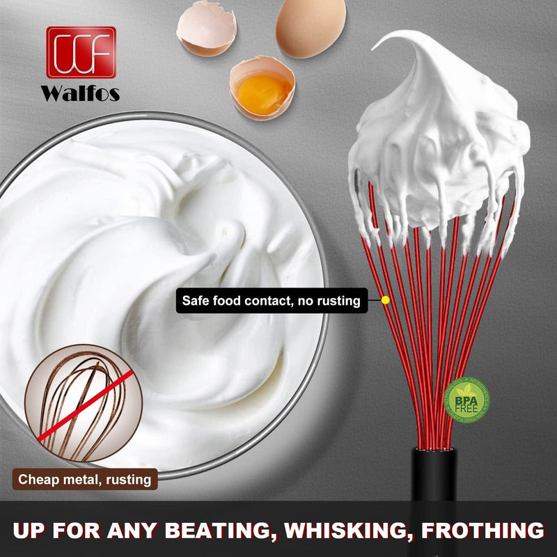 Walfos Silicone Whisk, Non Scratch Coated Whisks- Heat Resistant Kitchen Whisks for Cooking Non Stick Cookware, Balloon Egg Beater Perfect for Blending, Whisking, Beating, Set of 3