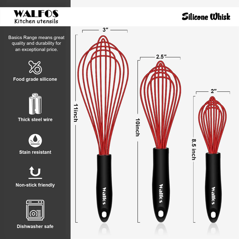 Walfos Silicone Whisk, Non Scratch Coated Whisks- Heat Resistant Kitchen Whisks for Cooking Non Stick Cookware, Balloon Egg Beater Perfect for Blending, Whisking, Beating, Set of 3 Home & Garden > Kitchen & Dining > Kitchen Tools & Utensils Walfos   