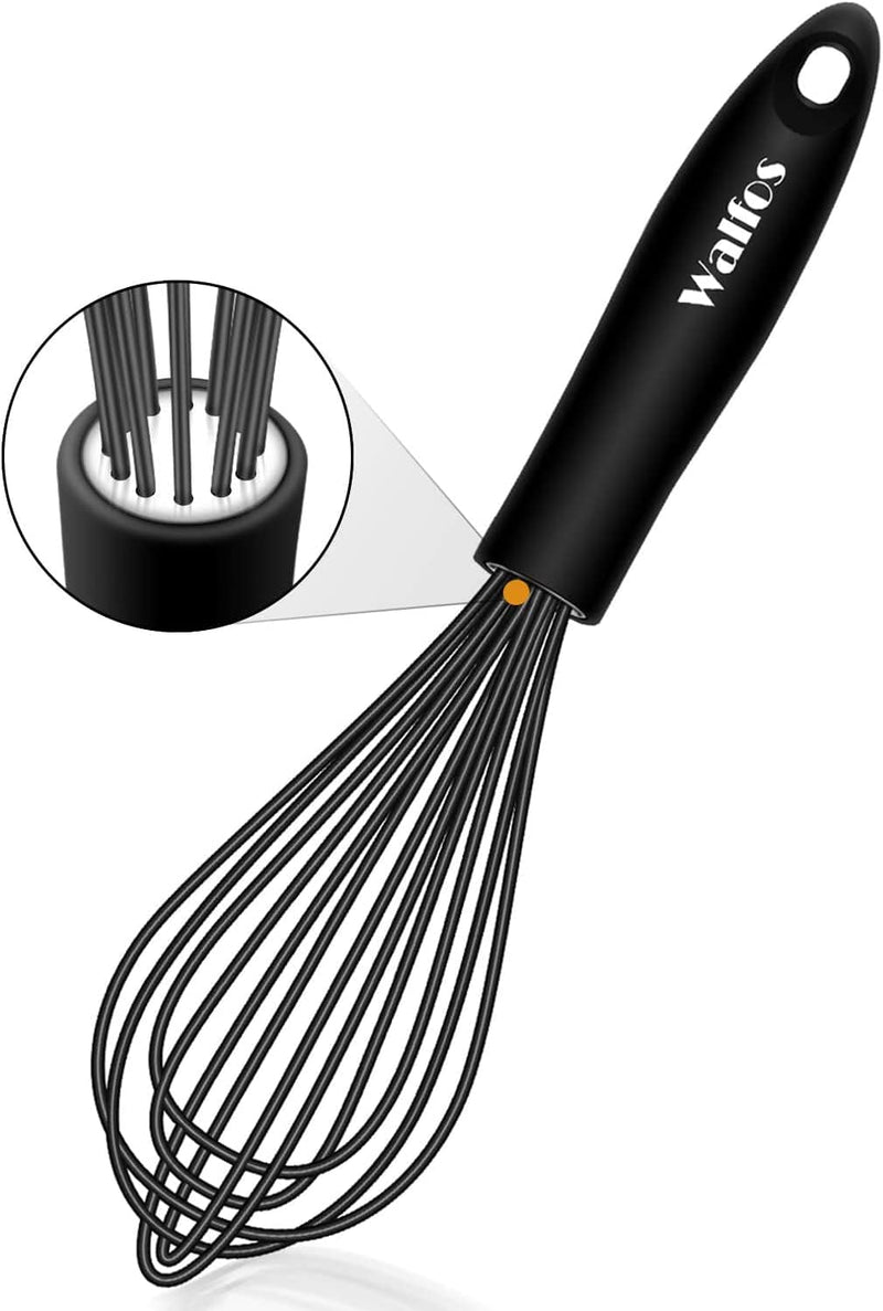 Walfos Silicone Whisk, Stainless Steel Wire Whisk Set of 3 -Heat Resistant Kitchen Whisks for Non-Stick Cookware, Balloon Egg Beater Perfect for Blending, Whisking, Beating, Frothing & Stirring, Black Home & Garden > Kitchen & Dining > Kitchen Tools & Utensils Walfos Balloon Whisk 10inch 