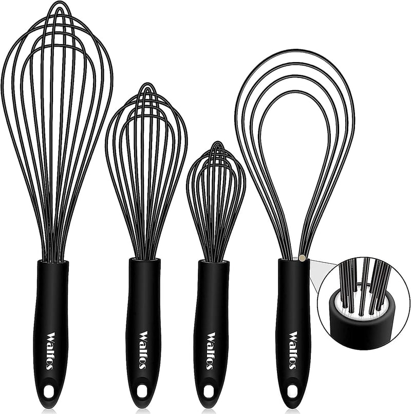 Walfos Silicone Whisk, Stainless Steel Wire Whisk Set of 3 -Heat Resistant Kitchen Whisks for Non-Stick Cookware, Balloon Egg Beater Perfect for Blending, Whisking, Beating, Frothing & Stirring, Black Home & Garden > Kitchen & Dining > Kitchen Tools & Utensils Walfos Balloon & Flat Whisk 3Pcs Balloon+1Pc Flat 