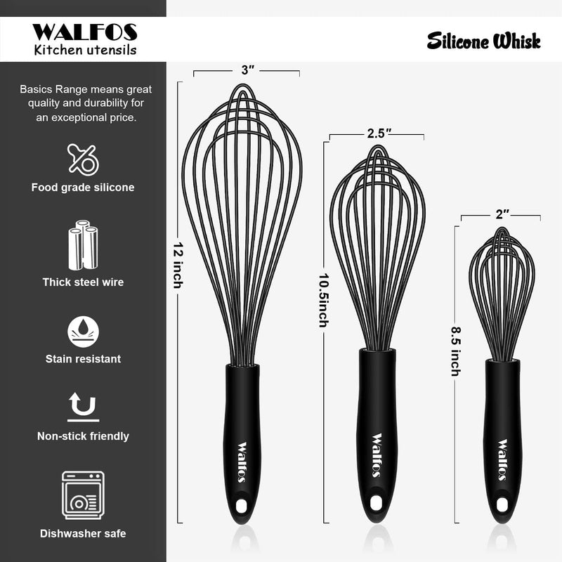 Walfos Silicone Whisk, Stainless Steel Wire Whisk Set of 3 -Heat Resistant Kitchen Whisks for Non-Stick Cookware, Balloon Egg Beater Perfect for Blending, Whisking, Beating, Frothing & Stirring, Black Home & Garden > Kitchen & Dining > Kitchen Tools & Utensils Walfos   