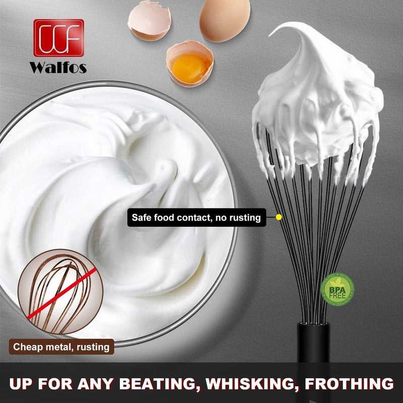 Walfos Silicone Whisk, Stainless Steel Wire Whisk Set of 3 -Heat Resistant Kitchen Whisks for Non-Stick Cookware, Balloon Egg Beater Perfect for Blending, Whisking, Beating, Frothing & Stirring, Black Home & Garden > Kitchen & Dining > Kitchen Tools & Utensils Walfos   