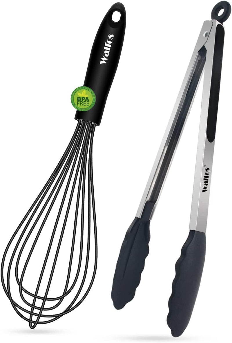 Walfos Silicone Whisk, Stainless Steel Wire Whisk Set of 3 -Heat Resistant Kitchen Whisks for Non-Stick Cookware, Balloon Egg Beater Perfect for Blending, Whisking, Beating, Frothing & Stirring, Black Home & Garden > Kitchen & Dining > Kitchen Tools & Utensils Walfos Whisk & Tongs 12inch 