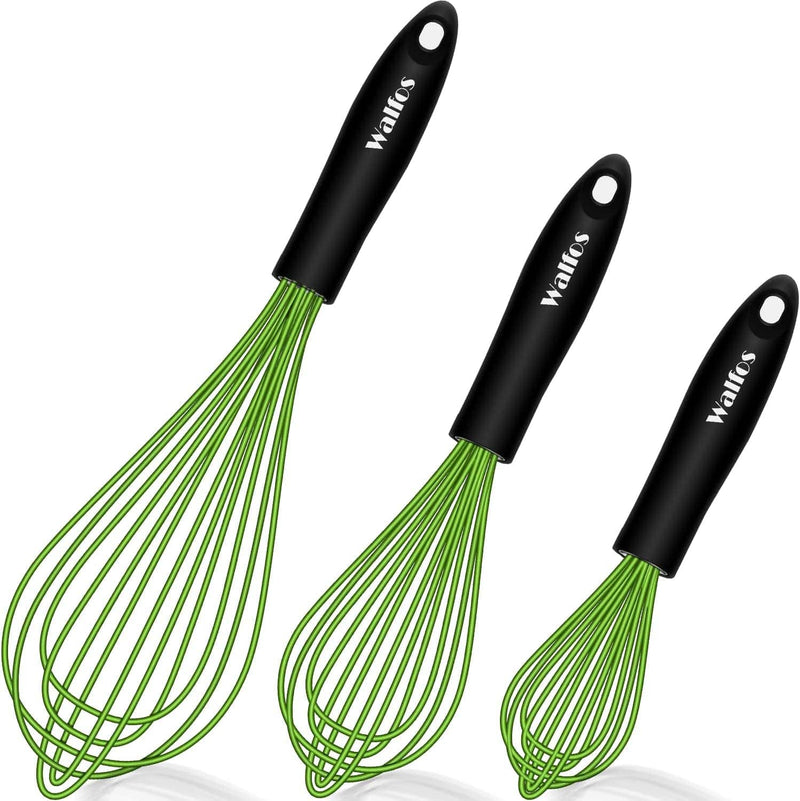 Walfos Silicone Whisk, Stainless Steel Wire Whisk Set of 3 -Heat Resistant Kitchen Whisks for Non-Stick Cookware, Balloon Egg Beater Perfect for Blending, Whisking, Beating, Frothing & Stirring, Black Home & Garden > Kitchen & Dining > Kitchen Tools & Utensils Walfos Balloon Whisk 3 Pcs Green 