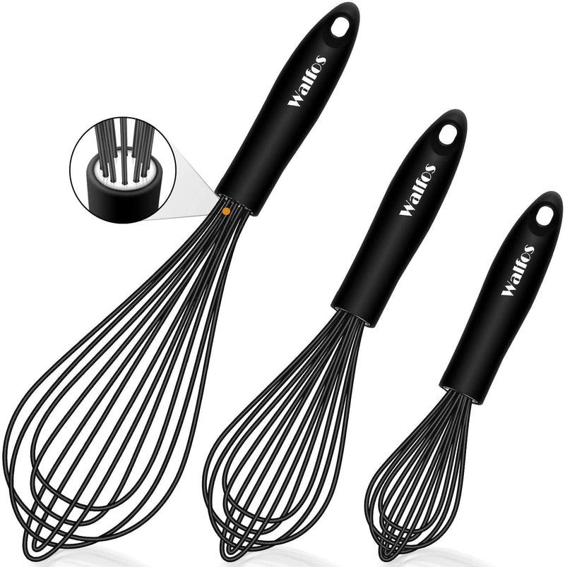 Walfos Silicone Whisk, Stainless Steel Wire Whisk Set of 3 -Heat Resistant Kitchen Whisks for Non-Stick Cookware, Balloon Egg Beater Perfect for Blending, Whisking, Beating, Frothing & Stirring, Black Home & Garden > Kitchen & Dining > Kitchen Tools & Utensils Walfos Balloon Whisk 3 Pcs：8.5inch+10.5inch+12inch 
