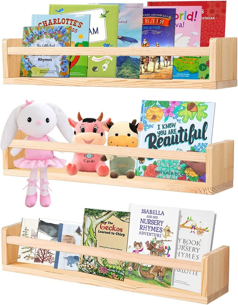 Wall Bookshelves Nursery Décor Floating Wall Shelf Natural Wood Wall Mount Children'S Comic Books Toy Storage Organizer Photo Picture Display Rack Shelves Set of 3 Furniture > Shelving > Wall Shelves & Ledges AZSKY Wood 24Inch 