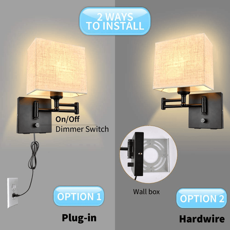 Wall Lamp 7 inch, Wall Lamp with Plug in Cord, Plug in Wall Sconce with 2 USB Port, Dimmable Wall Sconces with Fabric Linen Shade and Swing Arm, Sconces Wall Lighting Perfect for Bedroom Reading Room