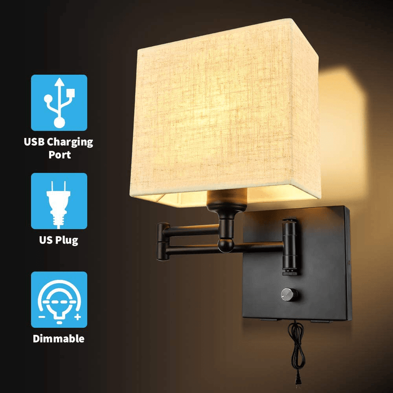 Wall Lamp 7 Inch, Wall Lamp with Plug in Cord, Plug in Wall Sconce with 2 USB Port, Dimmable Wall Sconces with Fabric Linen Shade and Swing Arm, Sconces Wall Lighting Perfect for Bedroom Reading Room Home & Garden > Lighting > Lighting Fixtures > Wall Light Fixtures KOL DEALS   