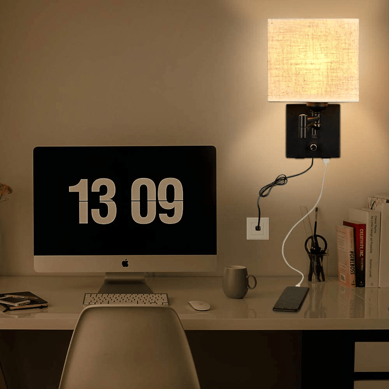 Wall Lamp 7 inch, Wall Lamp with Plug in Cord, Plug in Wall Sconce with 2 USB Port, Dimmable Wall Sconces with Fabric Linen Shade and Swing Arm, Sconces Wall Lighting Perfect for Bedroom Reading Room