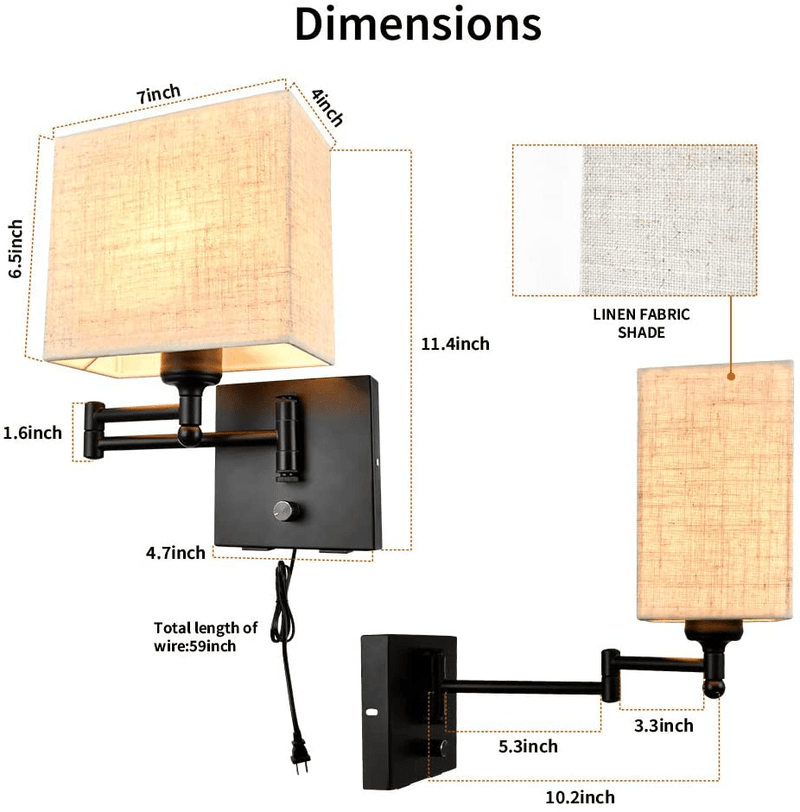 Wall Lamp 7 inch, Wall Lamp with Plug in Cord, Plug in Wall Sconce with 2 USB Port, Dimmable Wall Sconces with Fabric Linen Shade and Swing Arm, Sconces Wall Lighting Perfect for Bedroom Reading Room Home & Garden > Lighting > Lighting Fixtures > Wall Light Fixtures Alta Ilumina   
