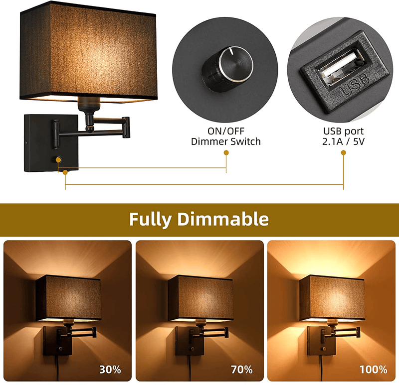 Wall Lamp 9.5Inch, Wall Sconce with Dimmer Switch and USB Port, Swing Arm Wall Lamp with Plug in Cord, Wall Light with Black Fabric Shade Brings Mystical Atmosphere to Bedroom, Living Room, Nurse Room Home & Garden > Lighting > Lighting Fixtures > Wall Light Fixtures KOL DEALS   